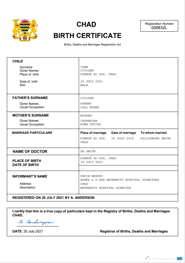 Download Chad birth certificate Word and PDF template Photoshop template